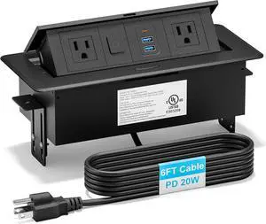 Recessed Power Strip with 2 AC, 2 USB-A, USB-C Ports, Pop Up Power Outlet with PD 20W USB C Fast Charger, Receptacle Outlet with Switch and 6FT Cord for Conference Office Countertop, UL Listed,Black