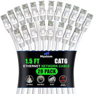 Maximm Cat6 Ethernet Cable 1.5 Ft White (20-Pack), 10Gbps 550MHz UTP Cord Maximm Cat6 Ethernet Cable 1.5 Ft White (20-Pack), 10Gbps 550MHz UTP Cord