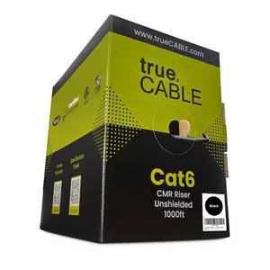 trueCABLE Cat6 Riser (CMR), 1000ft, Black, 23AWG 4 Pair Solid Bare Copper, 550MHz, PoE++ (4PPoE), ETL Listed, Unshielded Twisted Pair (UTP), Bulk Ethernet Cable trueCABLE Cat6 Riser (CMR), 1000ft, Black, 23AWG 4 Pair Solid Bare Copper, 550MHz, PoE++ (4PPoE), ETL Listed, Unshielded Twisted Pair (UTP), Bulk Ethernet Cable