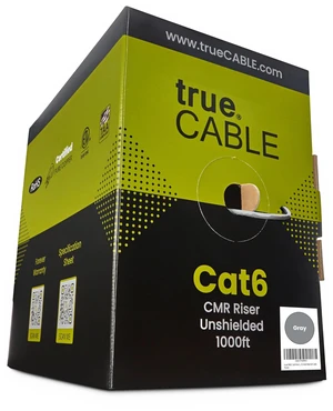 trueCABLE Cat6 Riser (CMR), 1000ft, Gray, 23AWG 4 Pair Solid Bare Copper, 550MHz, PoE++ (4PPoE), ETL Listed, Unshielded Twisted Pair (UTP), Bulk Ethernet Cable trueCABLE Cat6 Riser (CMR), 1000ft, Gray, 23AWG 4 Pair Solid Bare Copper, 550MHz, PoE++ (4PPoE), ETL Listed, Unshielded Twisted Pair (UTP), Bulk Ethernet Cable