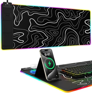 Mouse Pad with Phone Holder, Wireless Charging Desk Mat, RGB Gaming Mousepad Home Office Large Desk Pad with Ultra-Smooth Surface, Non-Slip Base, Waterproof Keyboard Pad,Topographic Black Mouse Pad with Phone Holder, Wireless Charging Desk Mat, RGB Gaming Mousepad Home Office Large Desk Pad with Ultra-Smooth Surface, Non-Slip Base, Waterproof Keyboard Pad,Topographic Black