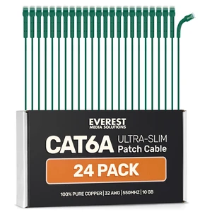 Everest Ultra Slim Cat6a Ethernet Patch Cables 10ft (24-Pack) Green Everest Ultra Slim Cat6a Ethernet Patch Cables 10ft (24-Pack) Green