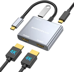 SWITCHFLUX USB C to Dual HDMI Adapter ^^4K60Hz HDMI Splitter Extended Display for Dual Monitors,100W PD,USB 3.0 Port Converter Compatible with Laptop,Tablet,Graphics Card SWITCHFLUX USB C to Dual HDMI Adapter ^^4K60Hz HDMI Splitter Extended Display for Dual Monitors,100W PD,USB 3.0 Port Converter Compatible with Laptop,Tablet,Graphics Card
