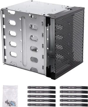 Stainless Steel Hard Drive Cage, 5.25" to 5X3.5 Rack SAS for Computer, Hard Driver Tray with Fan Space, Hard Drive Cage Adapter Rack Bracket Stainless Steel Hard Drive Cage, 5.25" to 5X3.5 Rack SAS for Computer, Hard Driver Tray with Fan Space, Hard Drive Cage Adapter Rack Bracket