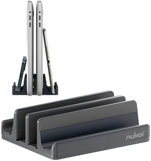 Nukoi Vertical Laptop Stand - SPACEMax Adjustable GRIPLock Anti-Tip Silicone 4 Slots Aluminum Desktop Holder - Double Dock Stand - 2 Phone Slots Fits Up to 17.3 Laptops, Tablets, Phones - Gray Nukoi Vertical Laptop Stand - SPACEMax Adjustable GRIPLock Anti-Tip Silicone 4 Slots Aluminum Desktop Holder - Double Dock Stand - 2 Phone Slots Fits Up to 17.3 Laptops, Tablets, Phones - Gray