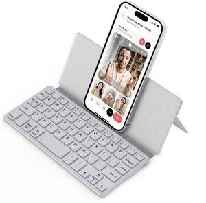 CACOE Wireless Keyboard with Stand, Mini Keyboard for Cell Phone, Ultra-Slim Portable, Foldable, Dual-Channel QWERTY with Stand Holder for Smartphone and More iOS Android Windows, Grey CACOE Wireless Keyboard with Stand, Mini Keyboard for Cell Phone, Ultra-Slim Portable, Foldable, Dual-Channel QWERTY with Stand Holder for Smartphone and More iOS Android Windows, Grey