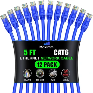 Maximm Cat6 Ethernet Cable 5 Ft, 10 Gbps 550 MHz, Blue, 12 Pack Maximm Cat6 Ethernet Cable 5 Ft, 10 Gbps 550 MHz, Blue, 12 Pack