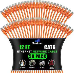 Maximm Cat6 Ethernet Cable 12 Ft Orange (50-Pack), 10Gbps 550MHz UTP Cord Maximm Cat6 Ethernet Cable 12 Ft Orange (50-Pack), 10Gbps 550MHz UTP Cord