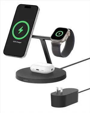 MagSafe-Compatible Charger 3-in-1 Wireless Charging Station Qi2-Certified 15W Wireless Charge for  iPhone 16 Series  Watch AirPods w/Non-Slip Base 40W Included - Black