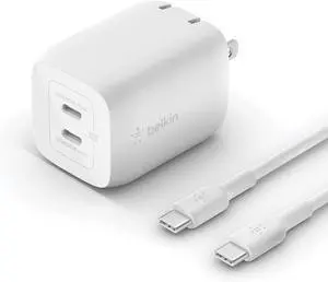 Belkin Dual USB-C GaN Wall Charger with PPS 65W [USB-C to USB-C Cable included] - Power Adapter