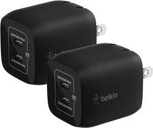 Belkin 45W Dual USB C Charger Block, Super Fast Charging PD 3.0 PPS w/ GaN - Samsung Galaxy S25, Apple iPhone 16, 15, 14, Pro, iPad, MacBook, Nintendo Switch 2 & More - Black (2-Pack)