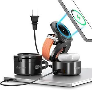 Energizer Foldable Apple Magsafe Charging Station with 65W USB C Fast Charger,5 in 1 Magnetic Wireless Charger Stand Dock for Multiple Devices iPhone 16 15 14 13 Pro Max Apple Watch AirPods MacBook