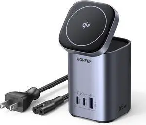 UGREEN Nexode 65W GaN Charging Station 3-Port with 15W Qi2 Magnetic Wireless Charger Stand Foldable, Magsafe Charger Dock Compatible with iPhone 16/15/14/13/12, Galaxy S24, iPad Air, etc