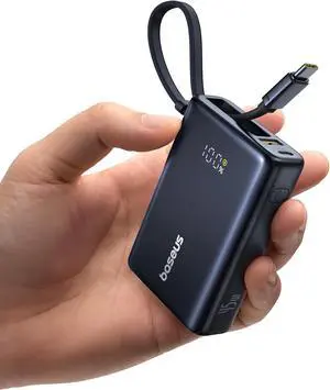 Baseus Power Bank, Picogo 10000mAh 45W 3-Output Portable Charger with Built-in USB-C Cable, PPS/PD QC Fast Charging External Battery Pack for iPhone 16/15/14/13 Series, Samsung S22 S21 Google iPad etc