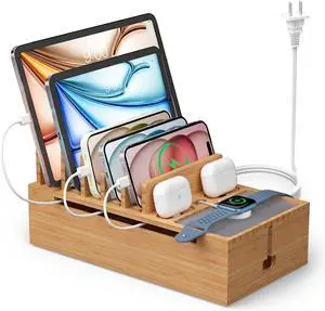 Cell Phone Charging Station for Multi Devices All in One Desktop Charger Organizer with Power USB Charge Adapter and 6 Cables Use As Power Strip Hidden Box -Natural Bamboo Color