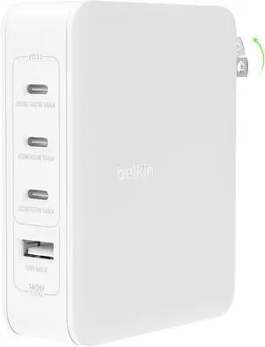 Belkin 4-Port Charger Block 140W, GaN Multi-Port Charger USB-C Power Delivery Fast Charge & USB-A Port for MacBook, iPhone 16, iPad Pro, Samsung Galaxy S25, Google Pixel, Nintendo Switch 2 & More