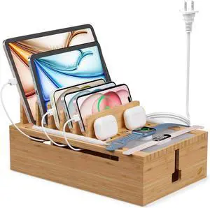 Bamboo Charging Station for Multiple Devices USB Charger Dock Organizer with Power Supply (10 Ports HUB) 6 Cables Cable Management Organizer for Cell Phones Tablets -Natural Color