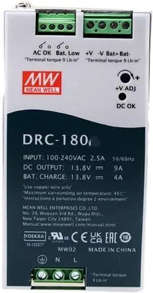 Mean Well DRC 180W 13.8V Switching Power Supply DRC-180A Dual Output AC-DC DIN Rail UPS