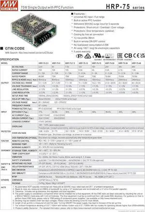 Mean Well HRP-75 Switching Power Supply 12V24V36V48V/3.3/5/7.5/15V 75W Single Output with PFC Function (HRP-75-12)