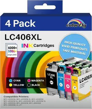 Colorfly LC406XL High Yield Ink Cartridges for Brother Printer LC406 Ink Cartridges LC406XL LC 406 XL use with Brother MFC-J4335DW MFC-J5855DW MFC-J5855DW MFC-J6955DW Printer (4 Pack BK/C/M/Y)