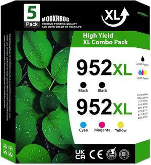 952XL Ink Cartridges Combo Pack (5-Pack, 2Black/1Cyan/1Magenta/1Yellow) Replacement for HP 952 952XL Ink for OfficeJet Pro 7720 7730 7740 8210 8216 8702 8710 8715 8720 8725 8730 8740 Printers