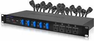 Power Supply Strip Unit Surge Protector - 19" Rack Mount 20 Outlet Including 16 Rear Panel 120V 3-Prong Plug sockets, 4 Front Panel AC Outlets, 3X 5V USB Charging Ports by Technical Pro