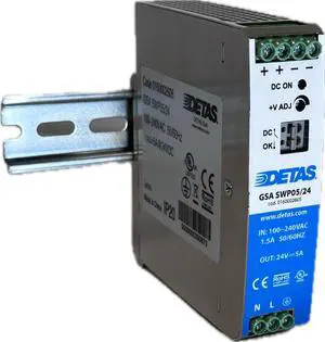 D 0026 05 Power Supply GSA SWP05, 100-240 VAC Input, 5 Amps / 24VDC Output, Din Rail Mount, UL 508 Listed.