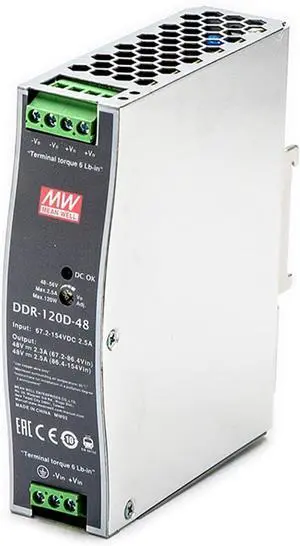 DDR-120D-48 48V 2.5A 120W DIN Rail Power Supply, BS EN/EN50155 Certified, for Railway Applications, Industrial Automation