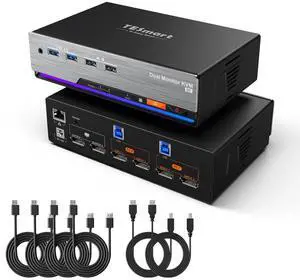 8K@60Hz DP KVM Switch 2 Monitors 2 Computers USB 3.0, DP 1.4 KVM Switch Dual Monitor 4K@144Hz for Gaming Dock, Support EDID, Gigabit Network, Hotkey Switch, Audio & Mic with All Input Cables