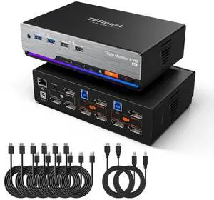 8K@60Hz DP KVM Switch 3 Monitors 2 Computers USB 3.0, KVM Switch Triple Monitor 2 Computers DisplayPort 1.4, Support EDID, 1G Ethernet, Hotkey Switch, 4K@144Hz 2K@144Hz for Gaming&Home Office