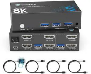 8K HDMI KVM Switch 2 Monitors 2 Computers, 8K@60Hz Dual KVM Switch for 2 Computers Sha 2 Monitors, Keyboard, Mouse, Hard Drives, Printer, with EDID Adaptive, 2*USB Cables, and Controller.