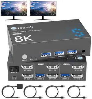 8K@60Hz KVM Switch 2 Monitors 2 Computers DisplayPort, USB3.0 KVM Switches, 4K@120Hz Dual Monitor for 1 Set of Keyboard Mouse Printer and U Disk with EDID Adaptive 2 USB Cables