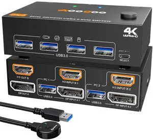 HDMI Displayport KVM Switch 2 Monitors PC 4K@60Hz/2K@120Hz Switches with USB 3.0 Port,Wired Remote and USB3.0 Cables Included by DT