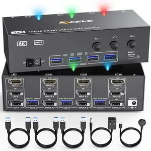 8K KVM Switch 3 Monitors Computers HDMI + DisplayPort,  USB 3.0 DP Switcher, 8K@30Hz/4k@144Hz Triple Monitor for PC Share Display and 4 Devices by DT
