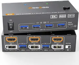Dual Monitor KVM Switch 2 Port 8K@60Hz 4K@144Hz HDMI+DP USB 3.0 Switch Extended Display 2 Monitors 2 Computers with USB 3.0 Cables Wired Controller