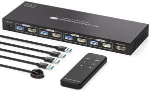USB3.0 HDMI KVM Switch 4 Computers EDID 4K60Hz 4 Port KVM for 4 PC Sharing 1 Monitor and 4 USB 3.0 Devices with Controller