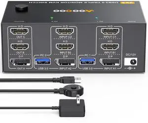 Ennovor Triple Monitor KVM Switch 8K@60Hz 4K@144Hz HDMI+DP USB 3.0 Switch Extended Display 3 Monitors 2 Computers KVM with USB 3.0 Cables Wired Controller