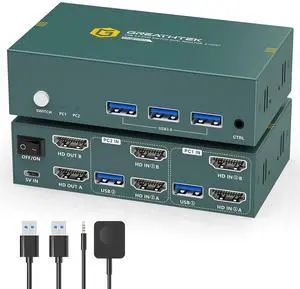 Ennovor KVM Switch 2 Monitors 2 Computers HDMI 8K@60Hz, USB3.0 4K@144Hz Dual Monitor KVM Switch with 3 USB 3.0 Ports Sharing Keyboard and Mouse Printer Scanner, KVM Switches with Desktop Controller