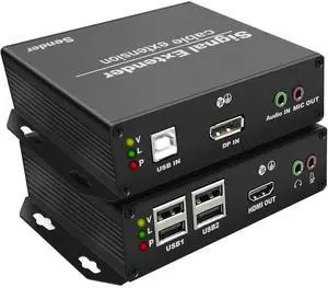 Ennovor 4K DP to HDMI KVM Extender Over Cat5e/6/7 up to 394ft,DisplayPort to hdmi Ethernet Extension Over IP Zero Latency Support 3D 4K@30Hz, HDMI 1.4, EDID Pass-Through, IR, RS232, 4Port USB2.0