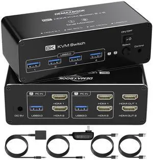 Ennovor DEMEXBOOK 8K HDMI KVM Switch 2 Monitors 2 Computers, Dual Monitor KVM Switch with 4 USB 3.0 Ports, Supports 8K@60Hz 4K@120Hz, Extended/Copy Mode, Includes Remote & 2 USB Cables