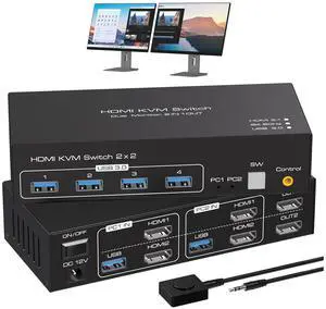 Ennovor 8K60Hz HDMI KVM Switch 2 Monitors 2 Computers 4K120Hz Dual Monitor KVM Switches for 2 PC Share 2 Screens and 1 Set of Keyboard Mouse Printer with Wired Controller Support Extended Mode