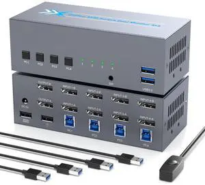 Ennovor ALGOX 8K@60Hz USB3.0 DisplayPort KVM Switch 2 Monitors 4 Computers 4K@120Hz Dual Monitor KVM Switcher DisplayPort 1.4 KVM Switch Support Hotkey Switching with 1.5m Desktop Controller