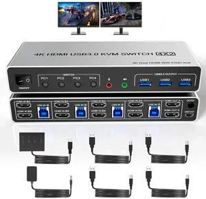 Ennovor USB 3.0 HDMI KVM Switch Dual Monitors 4 Computers, Supports EDID, 4K@60Hz KVM Switch HDMI 2 Monitor 4 PC with Audio Microphone and 3 USB 3.0 Ports, 4 Port Dual HDMI Monitor Switch for 4PC