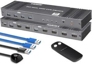 Ennovor 8K Dual HDMI KVM Switch 2 Monitors 2 Computers 8K@60Hz/4K@144Hz,Support 2 Computer Dual Monitors and 4 USB 3.0 Devices,Share Keyboard Mouse Printer with IR Controller