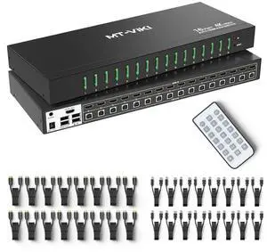 Ennovor MT-VIKI 4K@60Hz 16 Port KVM Switch HDMI w/3.5mm Audio, 1U Rack Mount KVM HDMI Switcher, Support Button/Hotkey/IR Remote Switch, 16 Pack Cables & Rack Ears Included