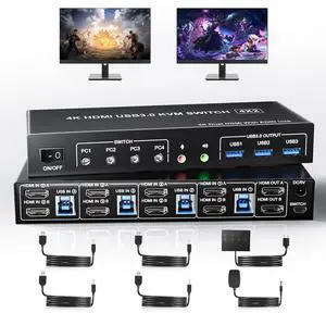 Ennovor Yeemie Pro USB 3.0 HDMI Dual Monitors 4 Computers KVM Switch, Supports EDID, 4K@60Hz HDMI Dual Monitor Switch for 4 PCs with 3 USB3.0 and Audio Microphone Ports, 4 Port HDMI KVM Switch for 4PC