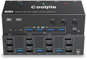 Ennovor KVM Switch 3 Computer Triple Monitor 8K@60Hz HDMI/4K@144Hz DisplayPort, 4xUSB 3.0 Hub w/Wired Remote, Includes 6 DP/3 HDMI/3 USB Cables for Ultra HD Setup