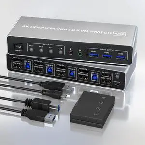 Ennovor KVM Switch 4 Computers 2 Monitors Displayport and HDMI 4K@60Hz, USB 3.0 4 Port Dual Monitors KVM Switch with Audio Microphone Output and 3 USB 3.0 Ports, 4 in 2 Out Monitor Switch for 4 PCs