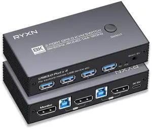 Ennovor 8K DP KVM Switch for 1 Monitor 2 Computers, DisplayPort 2.0 Share USB 3.0 Devices With 4 USB Hub, Support 8K@60Hz, 4K@240Hz/175Hz/144Hz, Extension Control Switch and 2 Cables