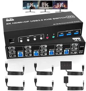 Ennovor 8K@60Hz 2 Displayport +HDMI USB3.0 KVM Switch 3 Monitors 4 Computers, 2 DP 1.4 +HDMI 2.1 Triple Monitor KVM Switch with Audio Microphone +3 USB3.0 Ports, Triple Monitor Keyboard Mouse Switcher
